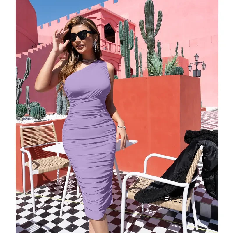 One Shoulder Ruched Midi Club Dress