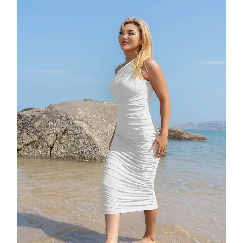 One Shoulder Ruched Midi Club Dress